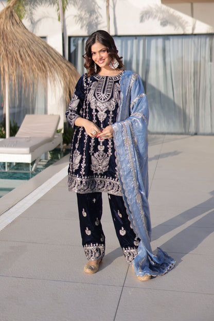 Royal Midnight Blue Velvet Embroidered Sharara Set