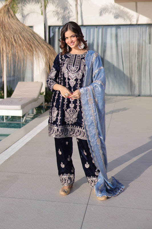 Royal Midnight Blue Velvet Embroidered Sharara Set