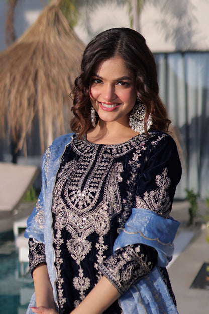Royal Midnight Blue Velvet Embroidered Sharara Set