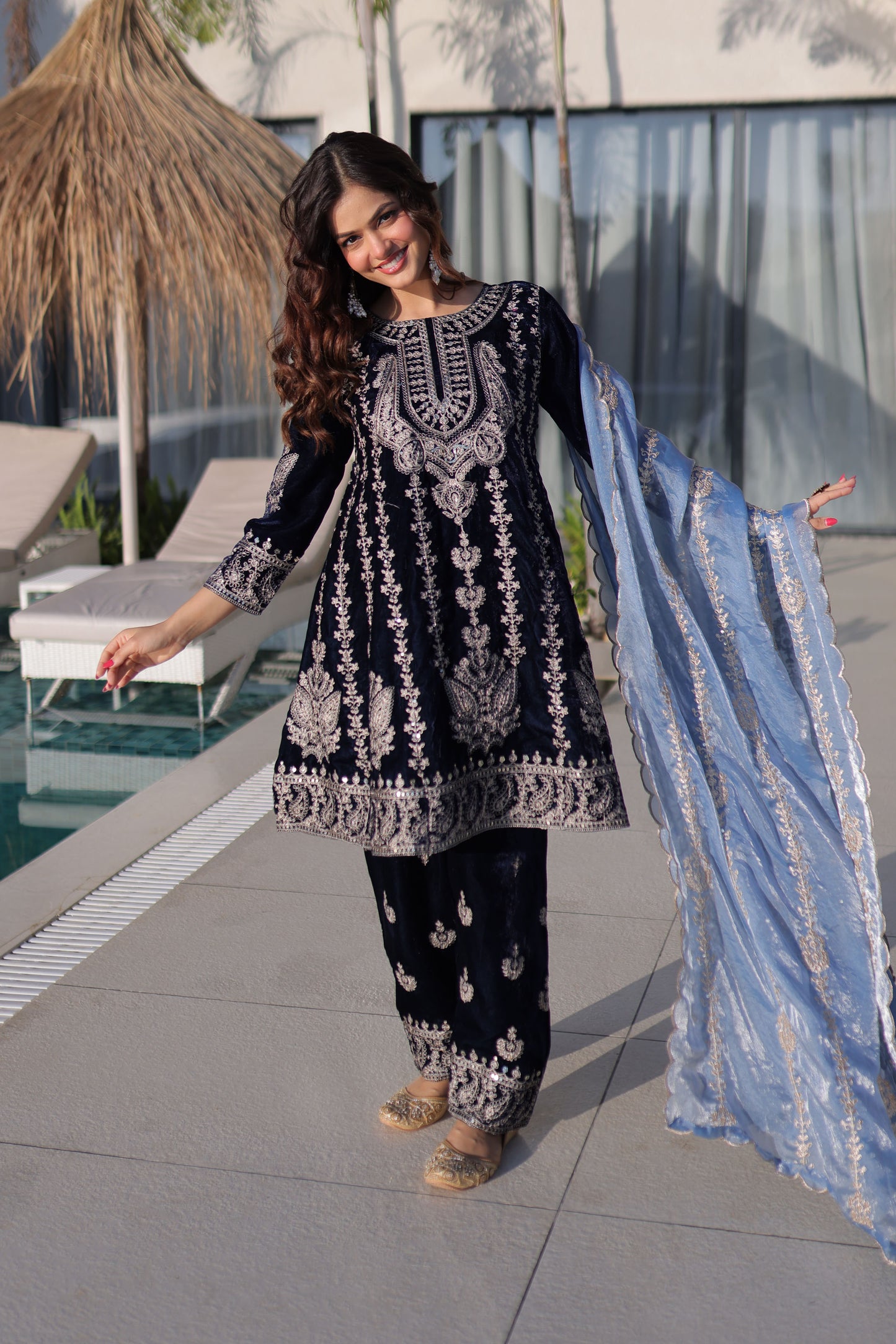 Royal Midnight Blue Velvet Embroidered Sharara Set