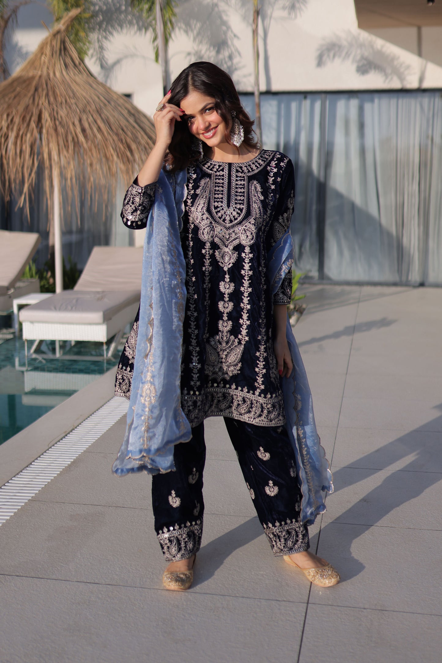 Royal Midnight Blue Velvet Embroidered Sharara Set