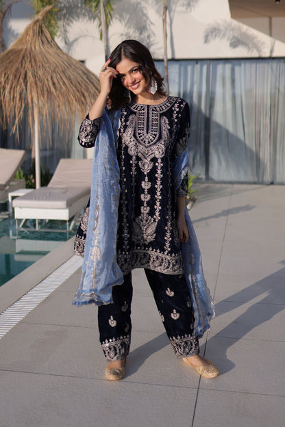 Royal Midnight Blue Velvet Embroidered Sharara Set