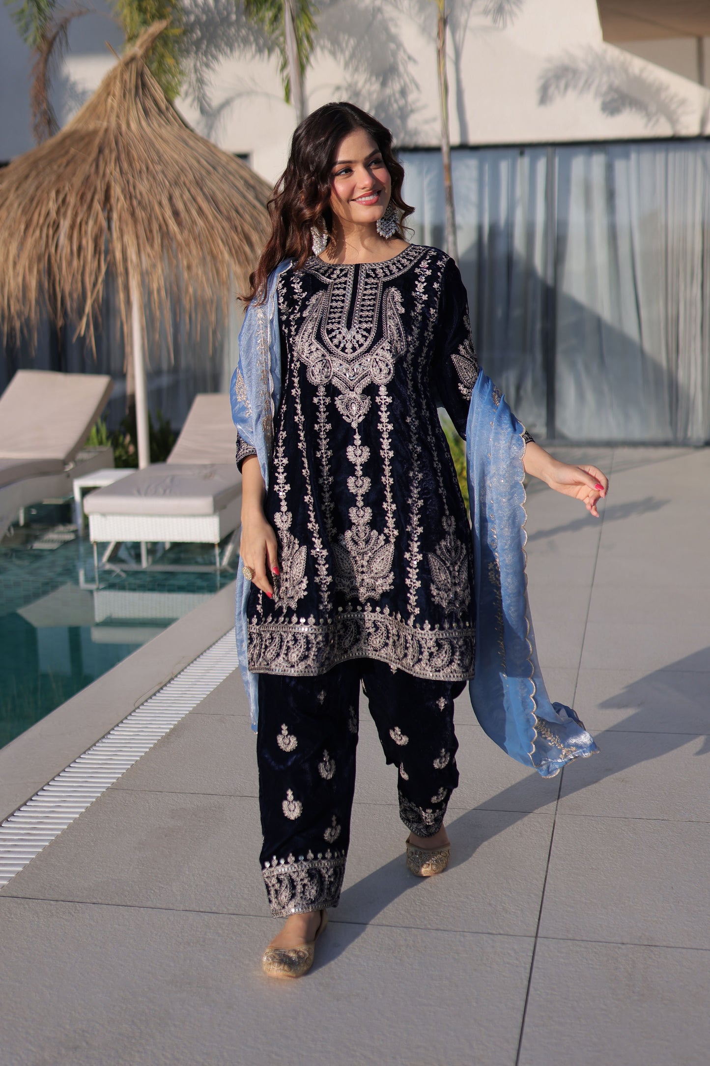 Royal Midnight Blue Velvet Embroidered Sharara Set