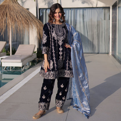 Royal Midnight Blue Velvet Embroidered Sharara Set
