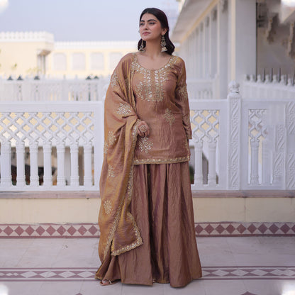 Sihra Antique Gold Embroidered Kurta Sharara Set