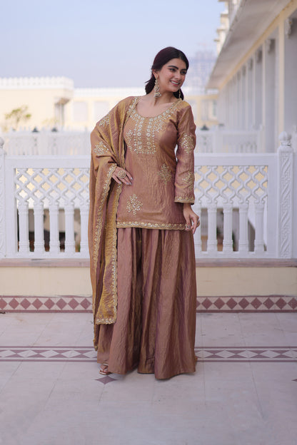 Sihra Antique Gold Embroidered Kurta Sharara Set
