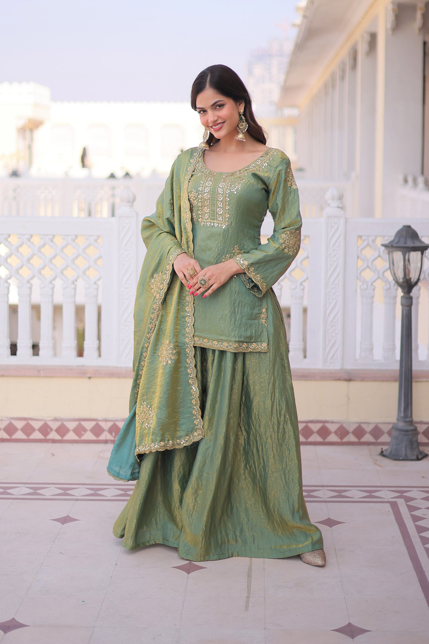 Vatsala Pista Green Embroidered Kurta Sharara Set