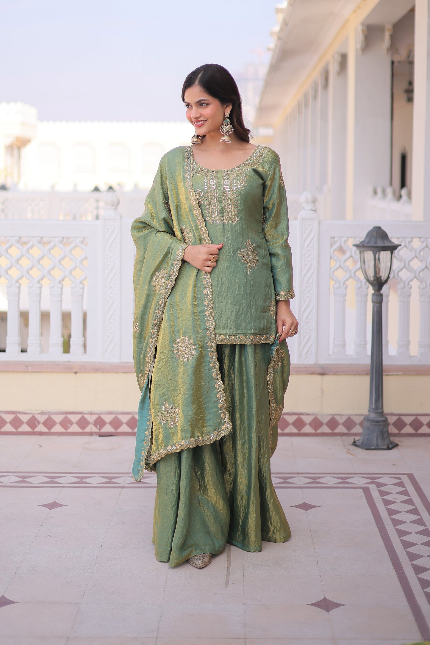 Vatsala Pista Green Embroidered Kurta Sharara Set