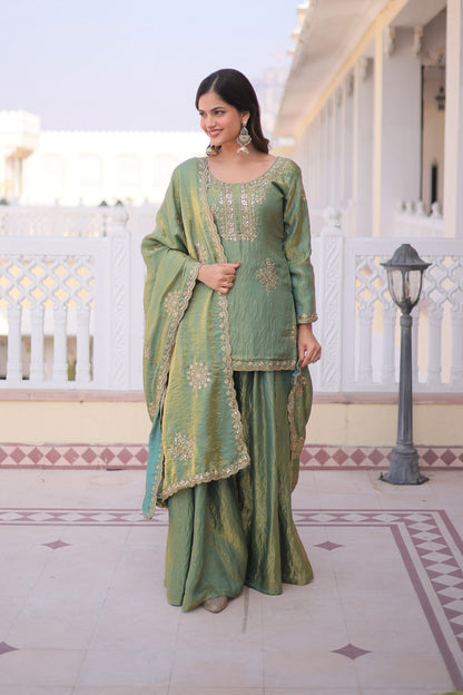 Vatsala Pista Green Embroidered Kurta Sharara Set