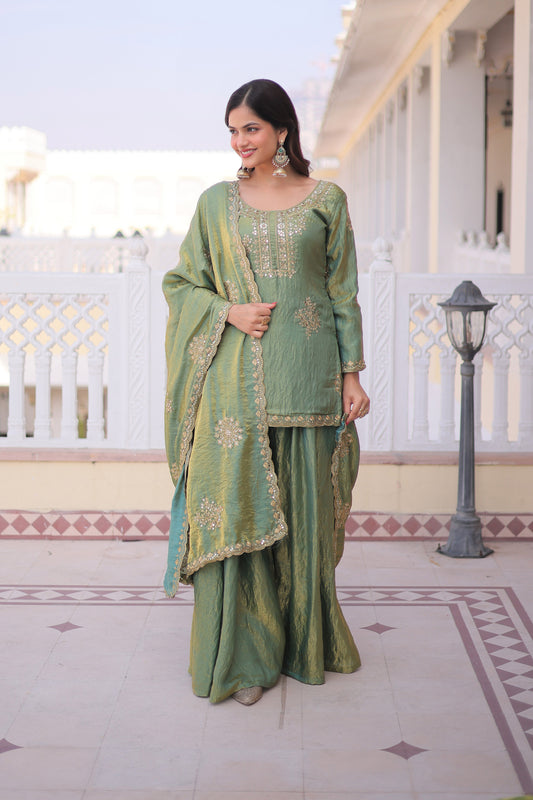Vatsala Pista Green Embroidered Kurta Sharara Set