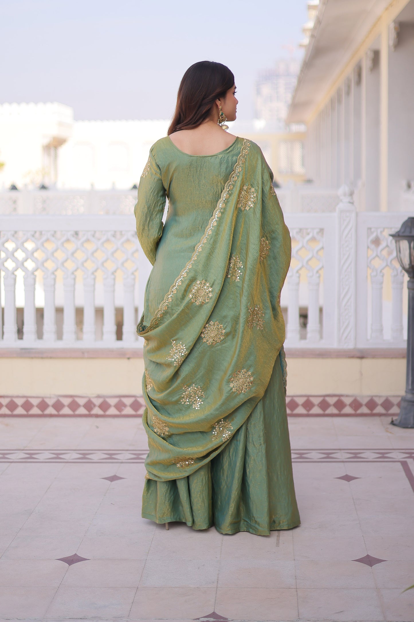 Vatsala Pista Green Embroidered Kurta Sharara Set