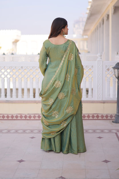 Vatsala Pista Green Embroidered Kurta Sharara Set
