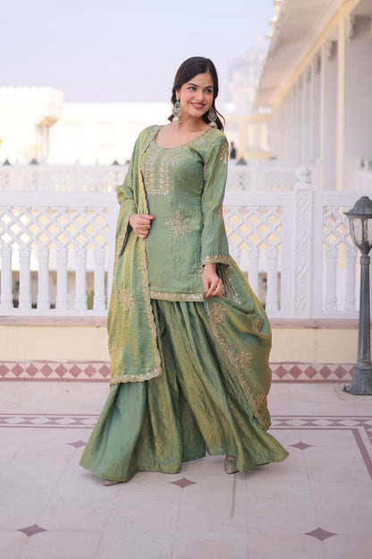Vatsala Pista Green Embroidered Kurta Sharara Set