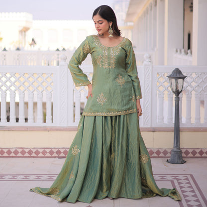 Vatsala Pista Green Embroidered Kurta Sharara Set