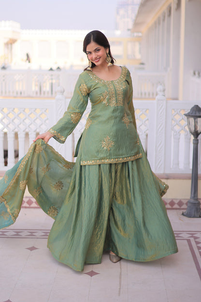 Vatsala Pista Green Embroidered Kurta Sharara Set