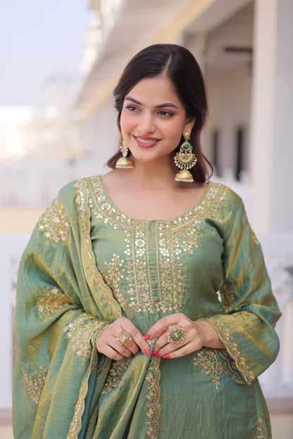 Vatsala Pista Green Embroidered Kurta Sharara Set