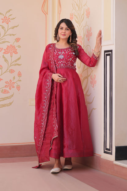 Gulnaar Raspberry Red Beads Embroidered Gown with Dupatta
