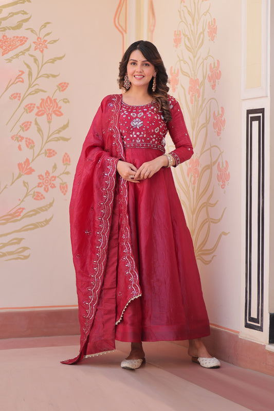 Gulnaar Raspberry Red Beads Embroidered Gown with Dupatta