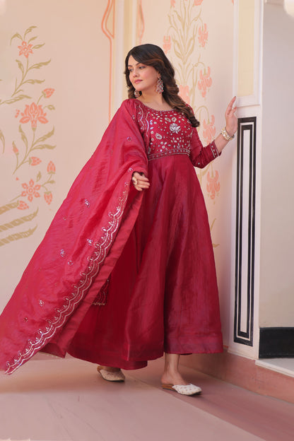 Gulnaar Raspberry Red Beads Embroidered Gown with Dupatta