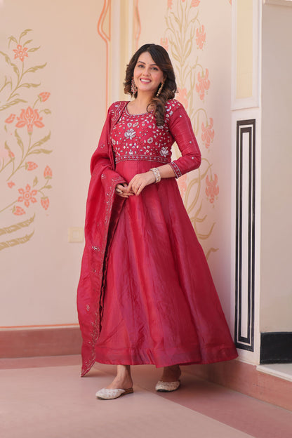 Gulnaar Raspberry Red Beads Embroidered Gown with Dupatta