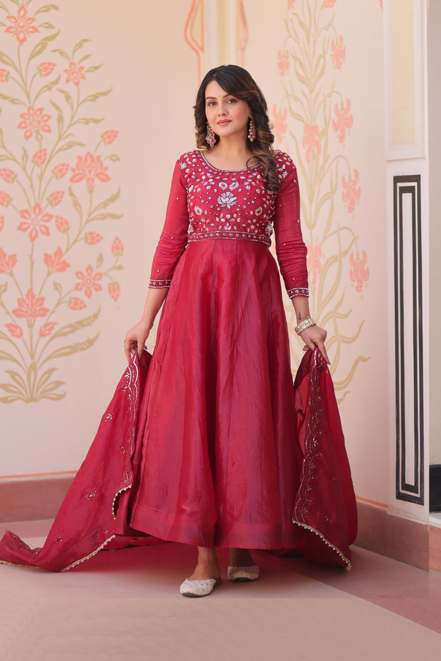 Gulnaar Raspberry Red Beads Embroidered Gown with Dupatta
