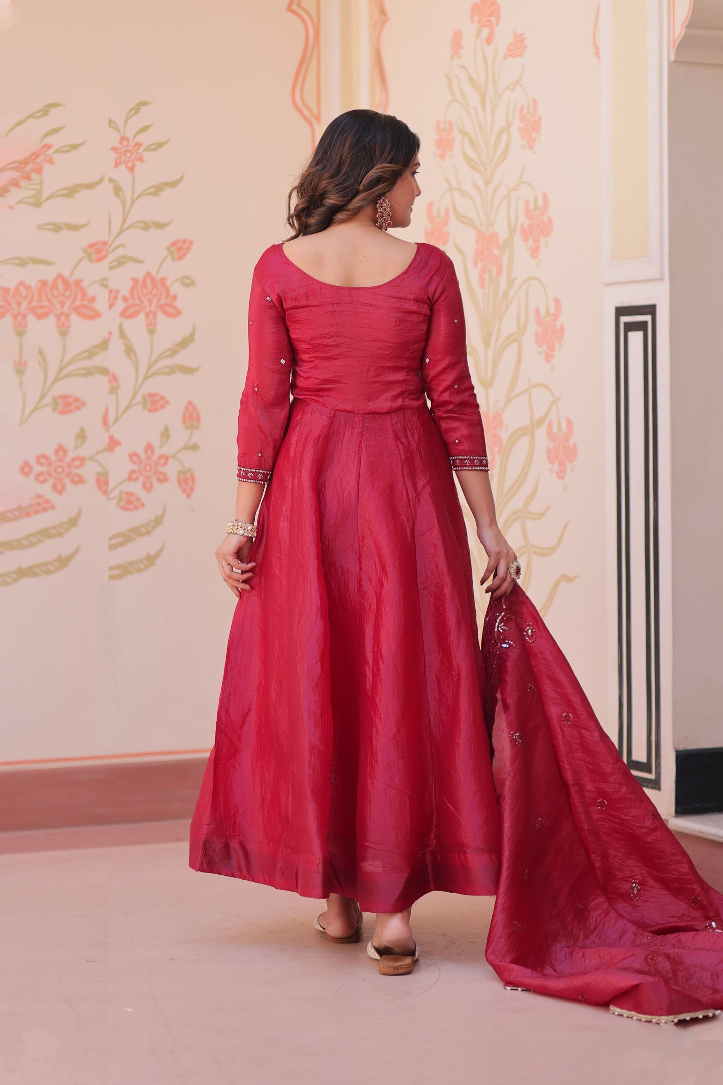 Gulnaar Raspberry Red Beads Embroidered Gown with Dupatta