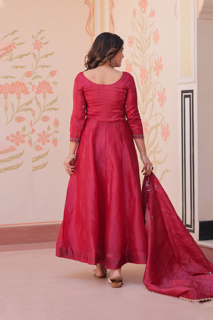 Gulnaar Raspberry Red Beads Embroidered Gown with Dupatta