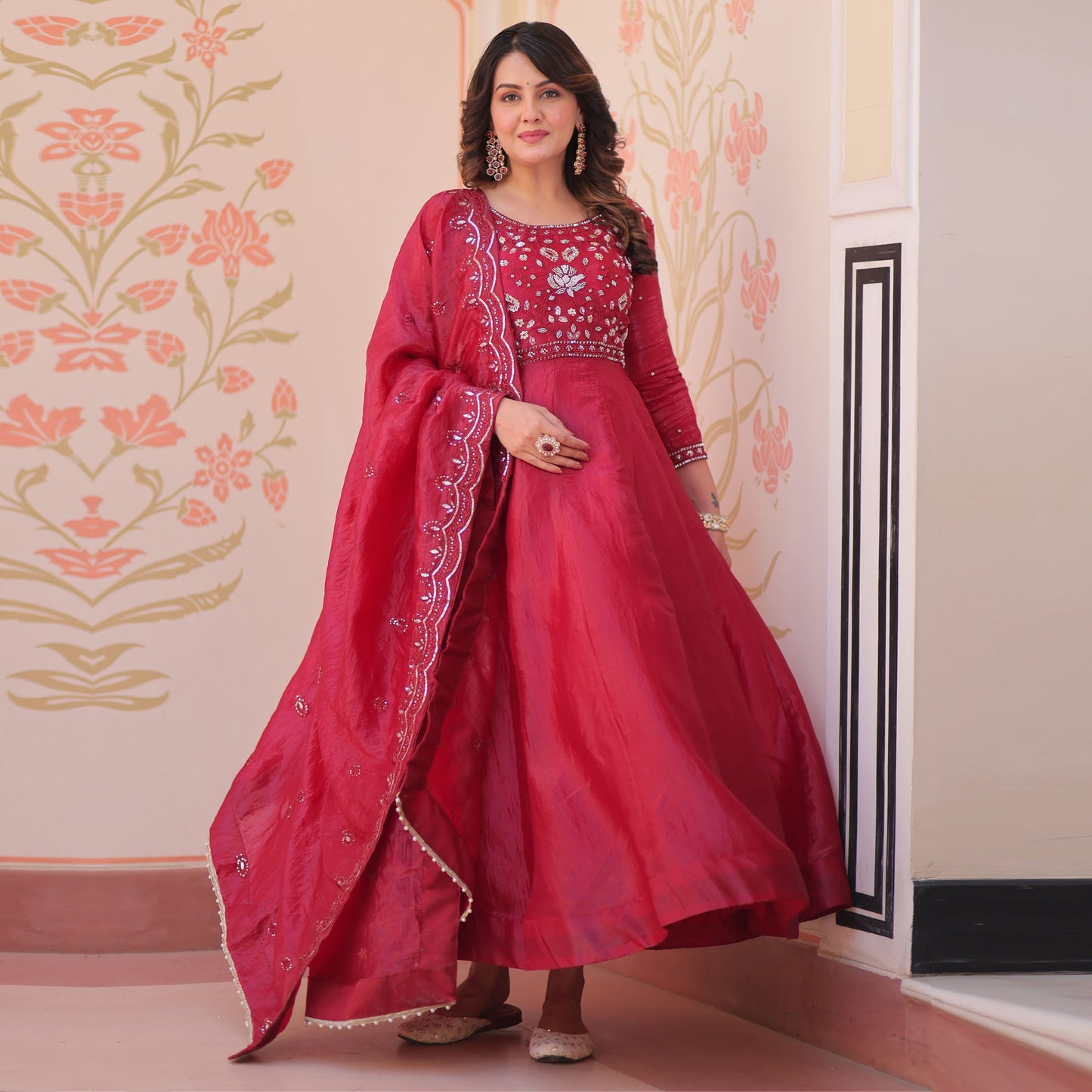 Gulnaar Raspberry Red Beads Embroidered Gown with Dupatta