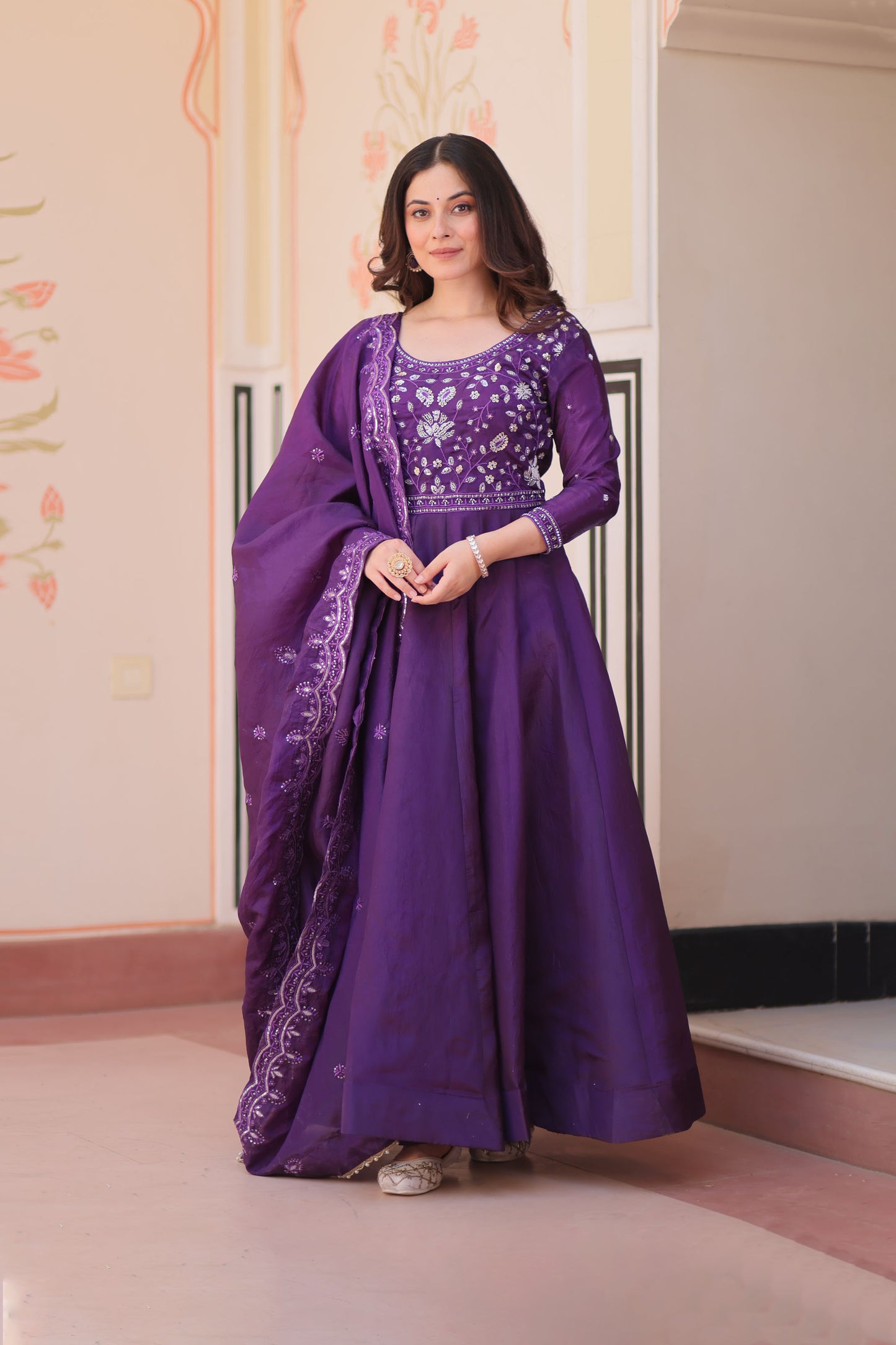 Gulnaar Royal Purple Beads Embroidered Gown with Dupatta