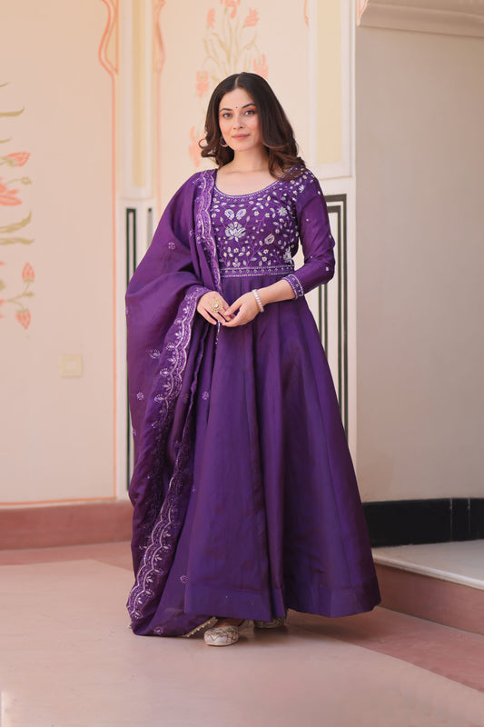 Gulnaar Royal Purple Beads Embroidered Gown with Dupatta