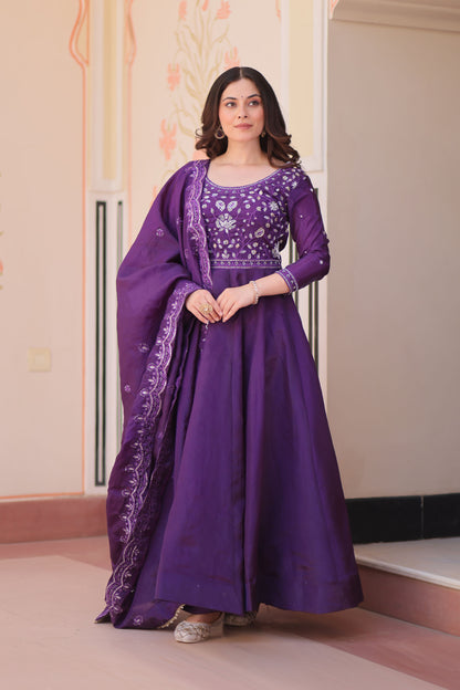 Gulnaar Royal Purple Beads Embroidered Gown with Dupatta