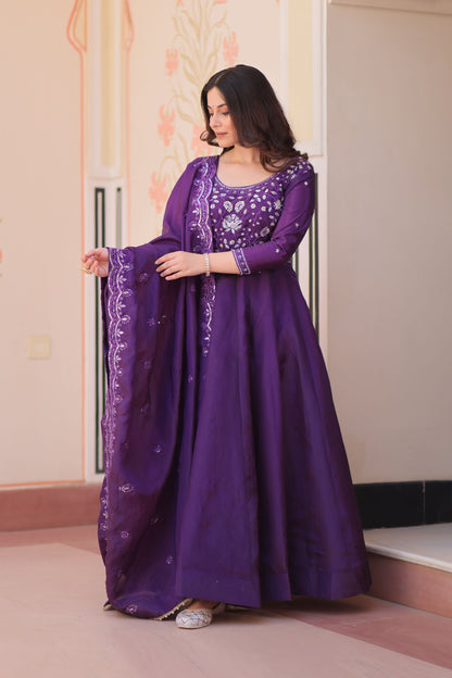 Gulnaar Royal Purple Beads Embroidered Gown with Dupatta