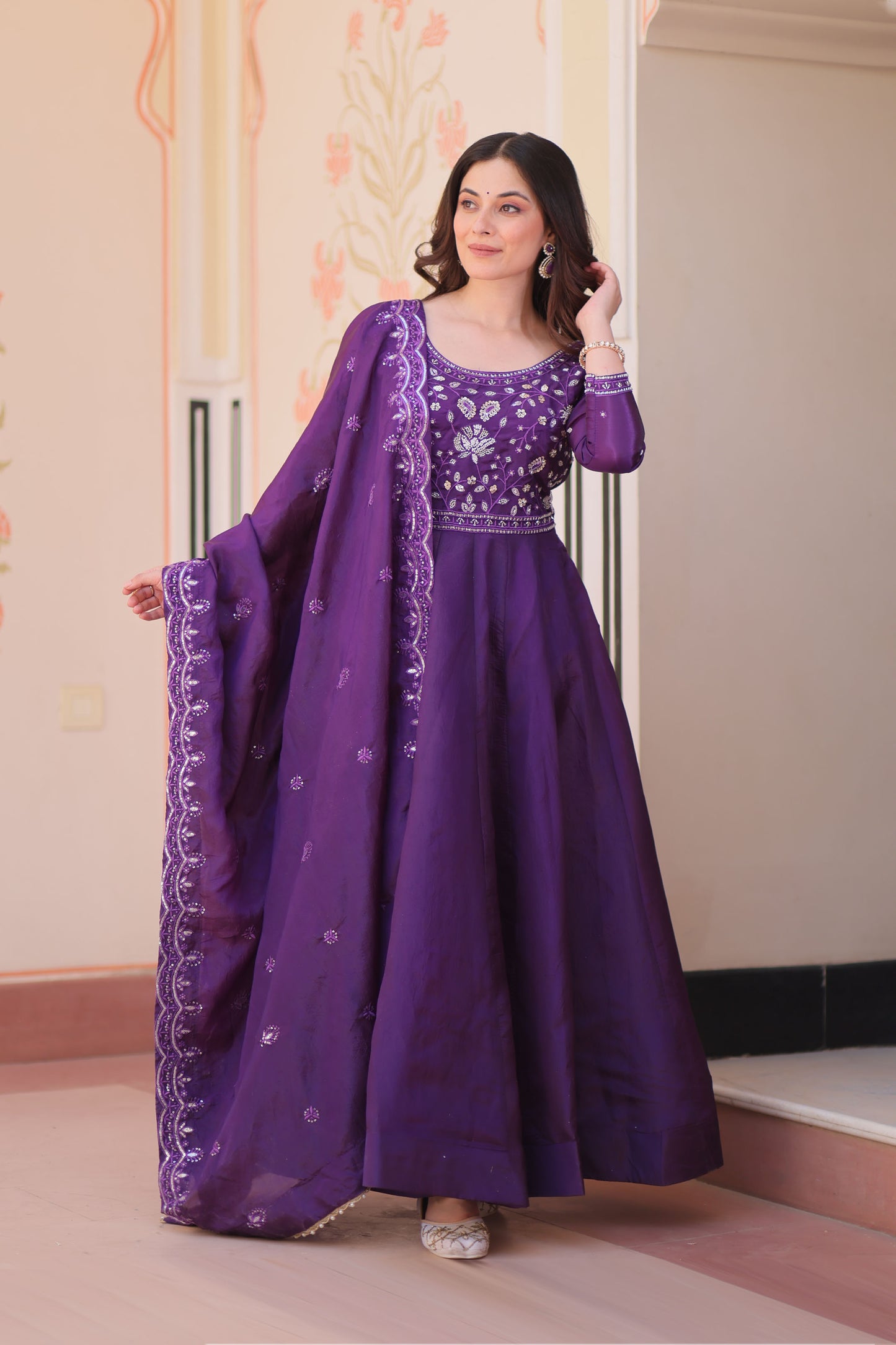 Gulnaar Royal Purple Beads Embroidered Gown with Dupatta