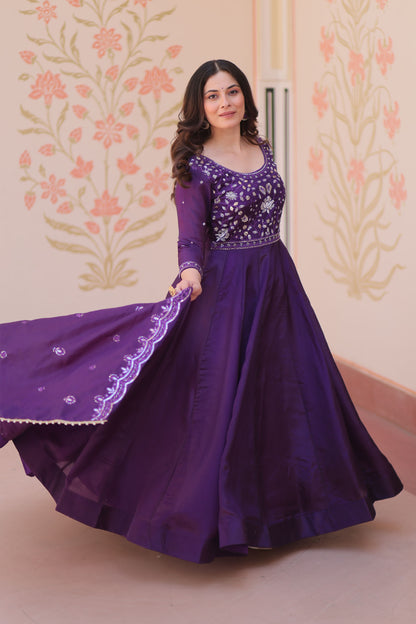 Gulnaar Royal Purple Beads Embroidered Gown with Dupatta