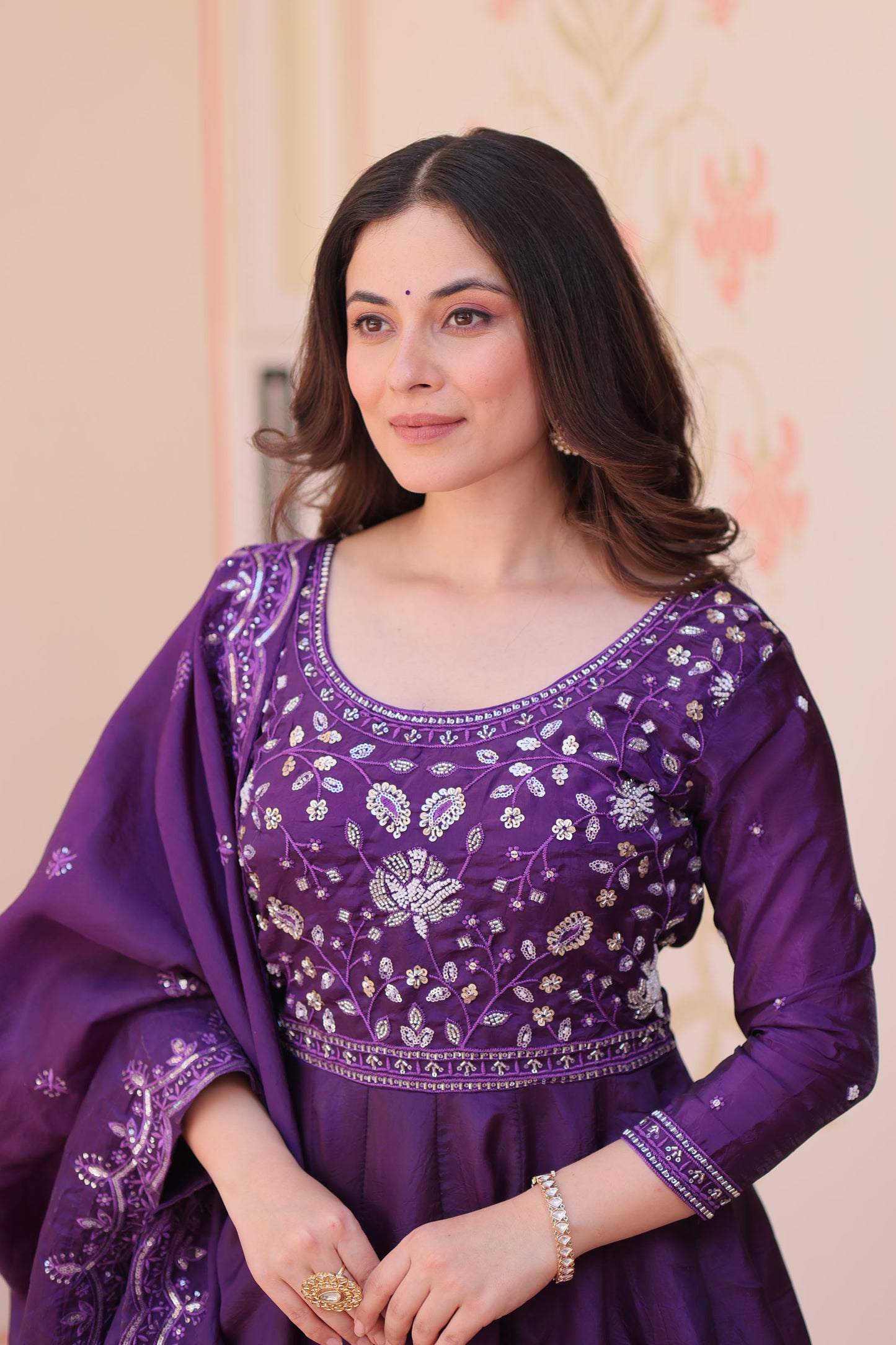 Gulnaar Royal Purple Beads Embroidered Gown with Dupatta