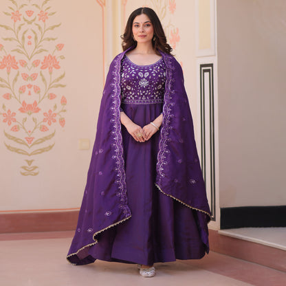 Gulnaar Royal Purple Beads Embroidered Gown with Dupatta