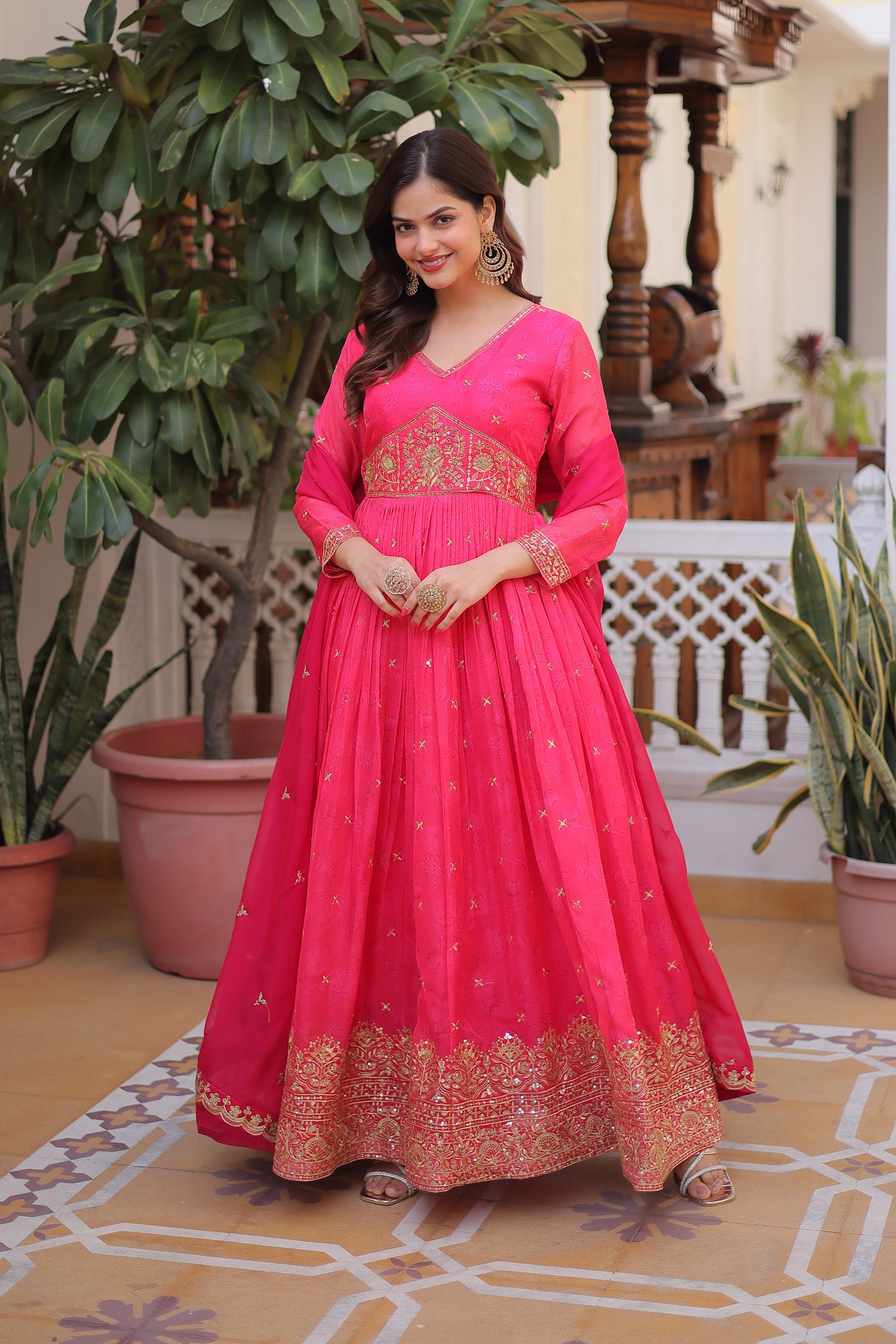 Gulabo Rani Pink Embroidered Gown With Duppata
