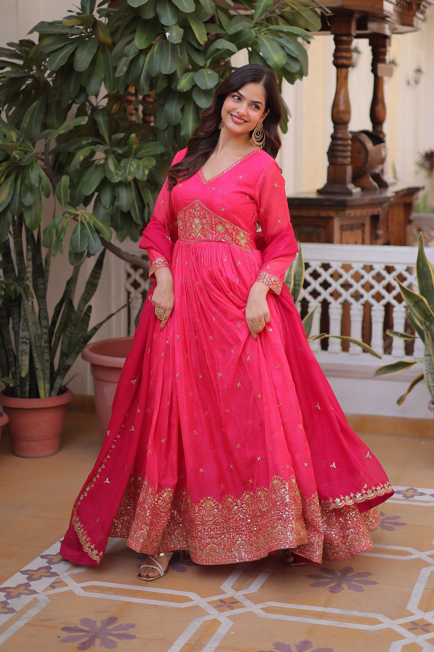 Gulabo Rani Pink Embroidered Gown With Duppata