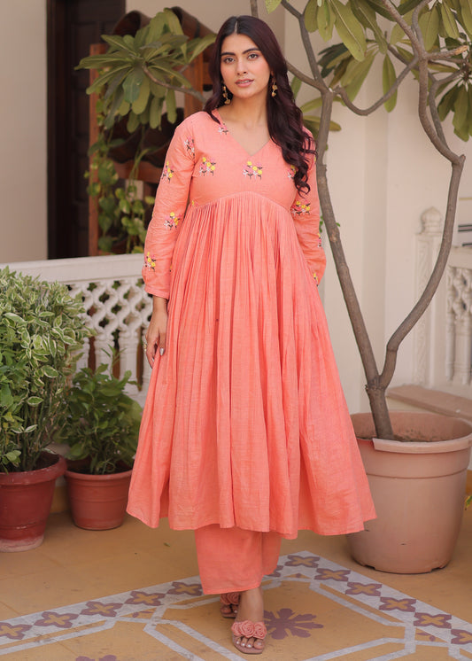 Afsana Peach Coral Floral Embroidered Cotton Suit Set