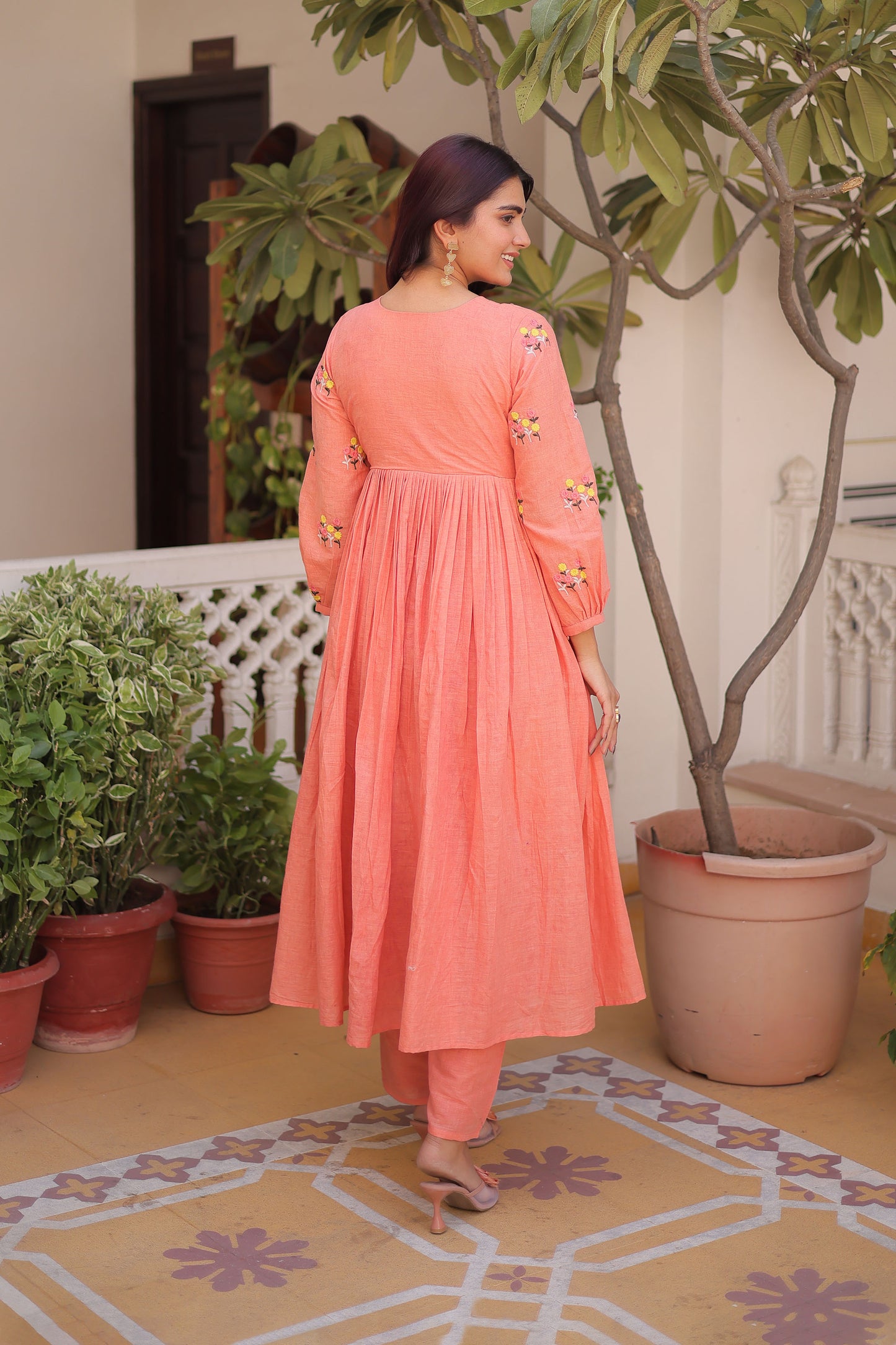Afsana Peach Coral Floral Embroidered Cotton Suit Set