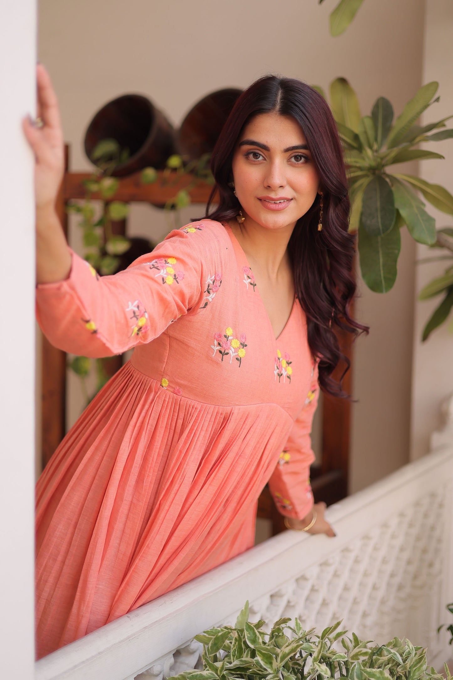 Afsana Peach Coral Floral Embroidered Cotton Suit Set