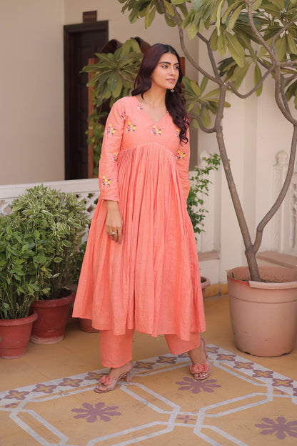 Afsana Peach Coral Floral Embroidered Cotton Suit Set