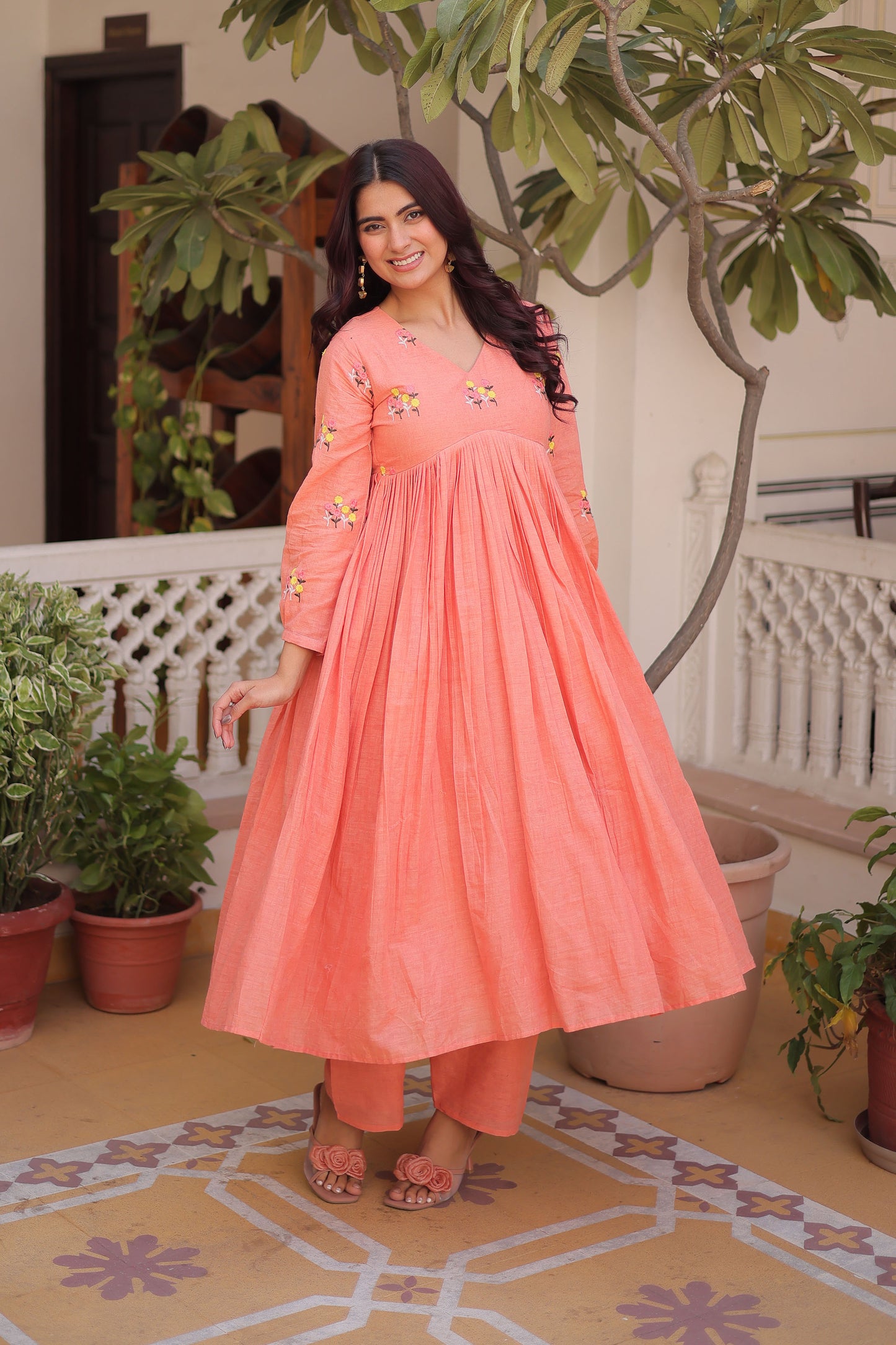 Afsana Peach Coral Floral Embroidered Cotton Suit Set