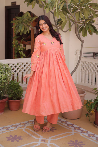 Afsana Peach Coral Floral Embroidered Cotton Suit Set