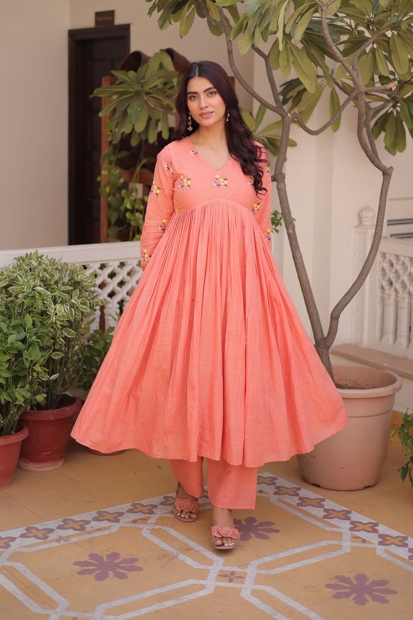 Afsana Peach Coral Floral Embroidered Cotton Suit Set