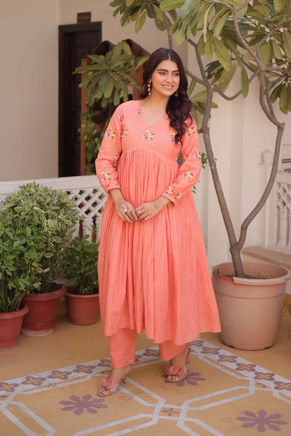 Afsana Peach Coral Floral Embroidered Cotton Suit Set