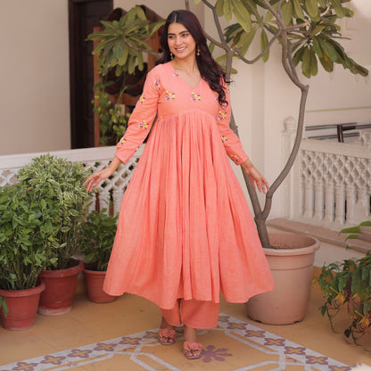 Afsana Peach Coral Floral Embroidered Cotton Suit Set