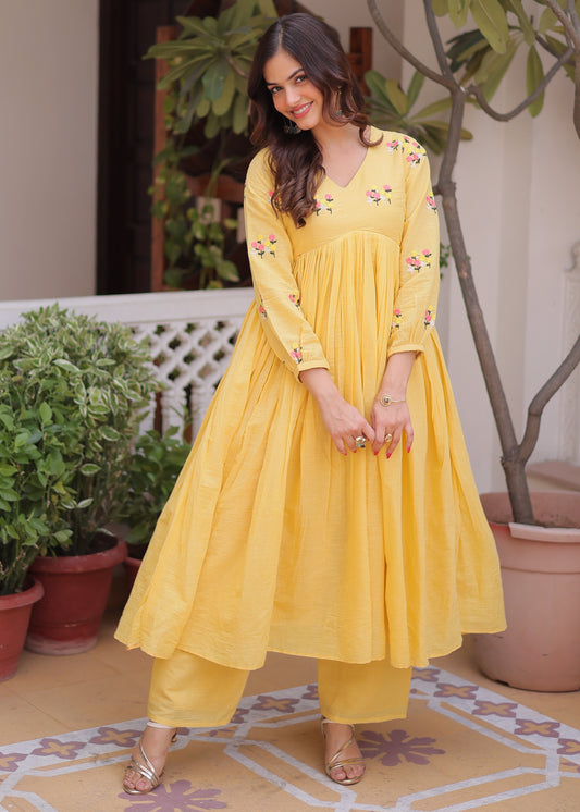 Afsana Sunshine Yellow Floral Embroidered Cotton Suit Set