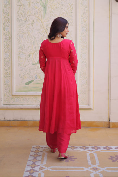 Gulabo Hot Pink Embroidered Mal Chanderi Anarkali Set