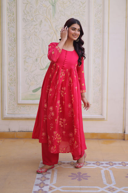 Gulabo Hot Pink Embroidered Mal Chanderi Anarkali Set